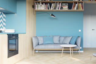 Studio design 40 m². m. dans les couleurs blanc et turquoise