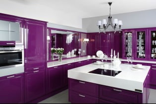 Ensemble violet dans la cuisine: design, combinaisons, choix de style, papier peint et rideaux