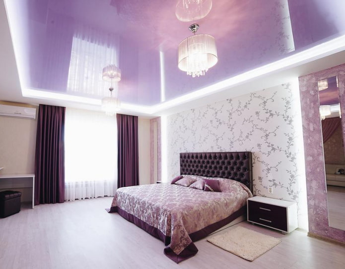 Plafond lilas : types (stretch, placoplâtre, etc.), combinaisons, design, éclairage